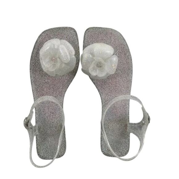 Jeffrey Campbell Shoes Womens 8 Sandals Jelly Flower Thong Ankle Strap Glitter - Picture 9 of 11